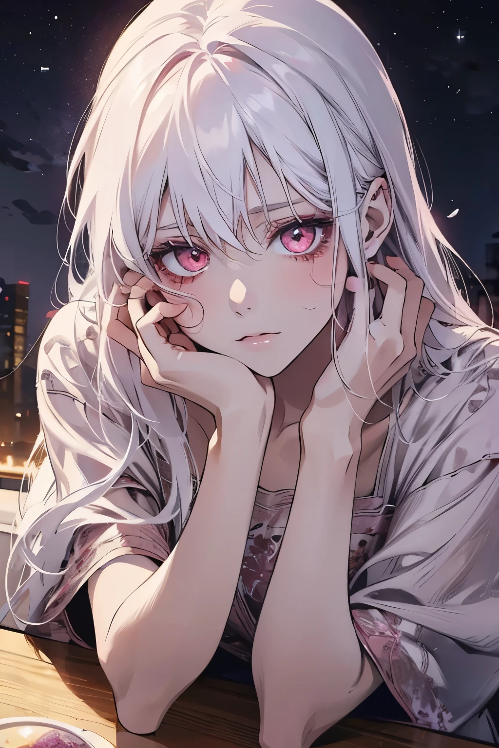 Be a girl with a pink complexion, beautiful eyes (Red Eyes) Deep as the night sky, Half of a sad face lying on the table, White hair, Watching you, There is anime/Semi-realistic art style  