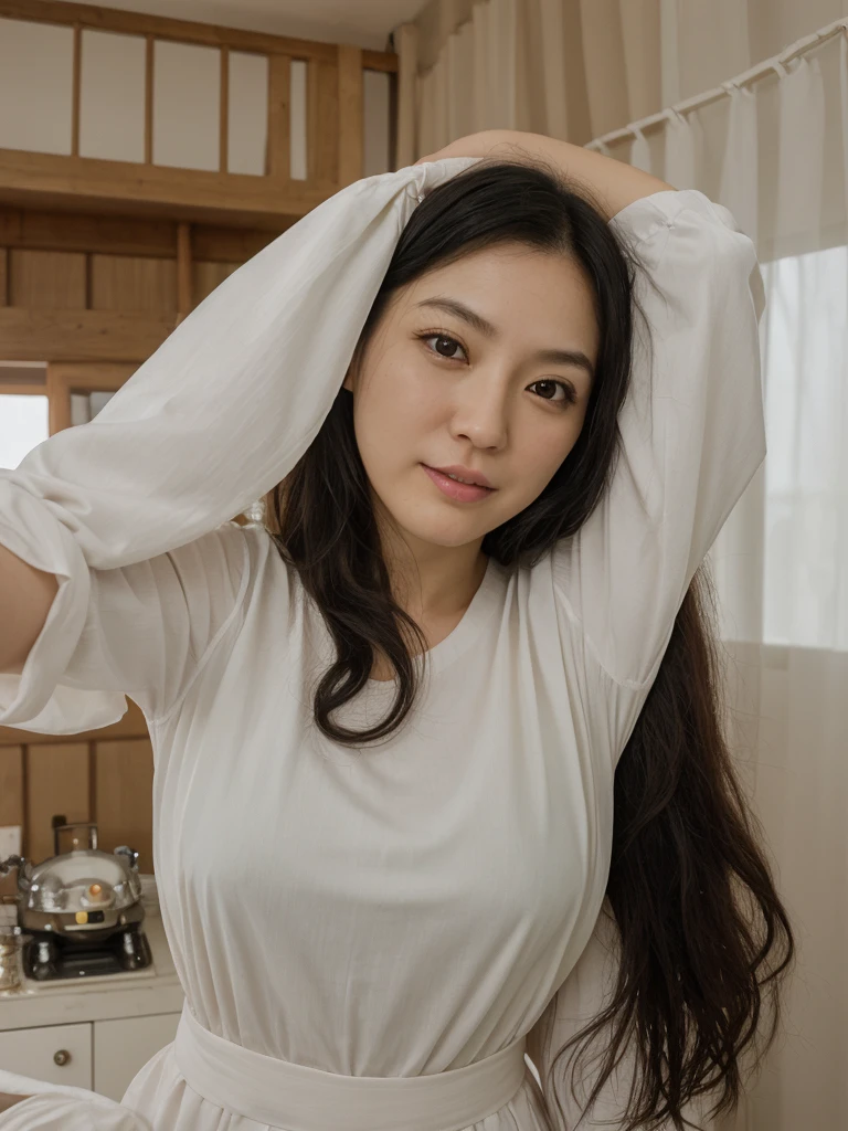 1girl, solo, photorealistic, realistic, middle age, a 30-year-old woman, ordinary mature woman, Japanese woman, Japanese woman, Japanese face, body of 30-year-old woman, (curly black hair), long hair, dark eyes, small nose, pointy jawline, deep cheekbones, shovel-shaped incisor teeth, pale-white skin, ((((selfie shot))), rich curtain side, clothed