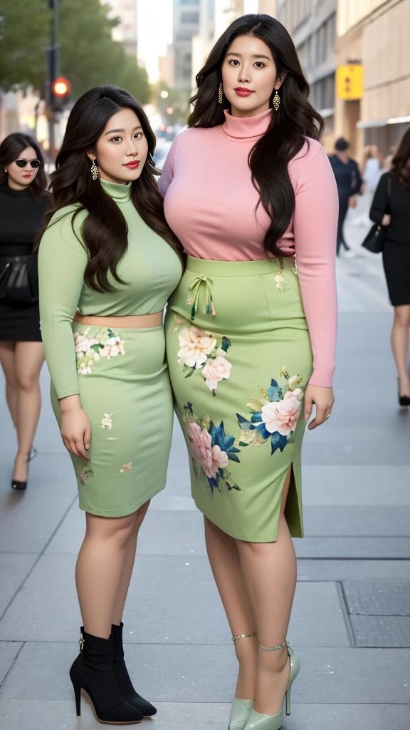 Twin sisters on the street,Two fat women,Very fat,Very fat,Pink and green floral dress (No cleavage),thigh, cosmetic, Outdoor sports, earrings, necklace, turtleneck sweater, High target Neck Knit Bodycon Skirt,full-body shot,Two Asian Japanese women,18 years old,big eyes,elegant temperament elegant temperament,(masterpiece:1.2, best quality), Practical, (The real situation,20 years old, Intricate details, Depth of Field,High target neck clothes), careful, The content is very detailed, This is a perfect face, Perfect body, Large Model, Mature woman, High target,Black mesh garter stockings,8K,best quality, masterpiece, Ultra-high resolution,(lifelike:1.4), original photo, Stay focused, detailed, dramatic, Two exquisite beautiful women, (tall and straight:1.1),(Fat goddess desetallic high collar,High target collar fitted skirt),half butterfly earrings, double ring necklace, (:1.05), (35 years old, : 1.4),Long curly hair, Dynamic Angle, Beautiful graphics, Short skirt and fishnet stockings,High target heel