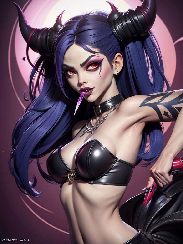 arafed woman with a devil tattoo and a candy in her mouth, demon girl, demon woman, boris villejo, boris villajo, demoness, portrait of demon girl, lowbrow art, saturno butto. occult art, goth clown girl, digital art - w 0, saturno butto, vampire girl, monstergirl