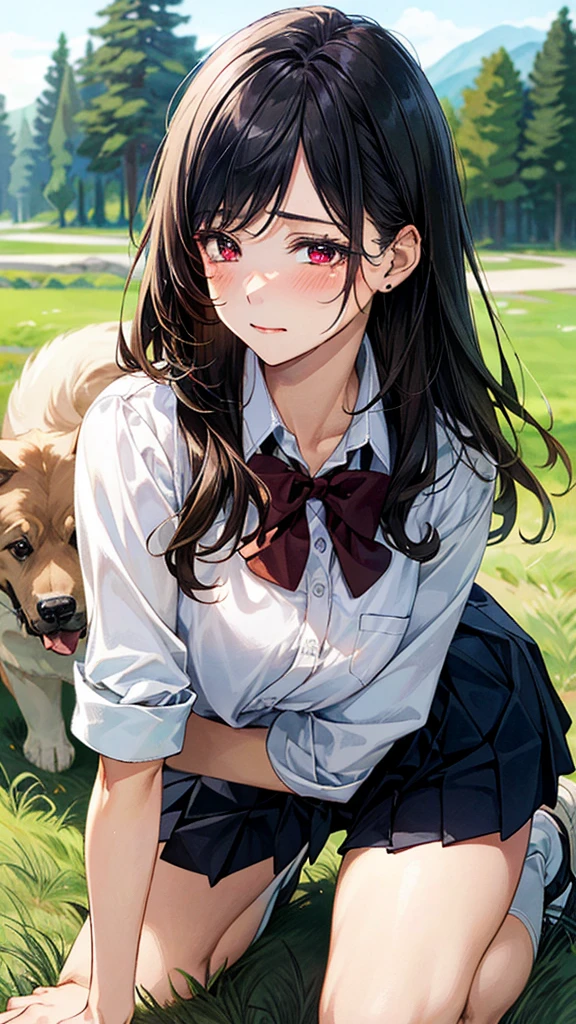(masterpiece:1.2, top-quality), (realistic, photorealistic:1.4), beautiful illustration, (natural side lighting, movie lighting),
looking at viewer, (extreme close-up, from side), 1 girl, japanese, high school girl, perfect face, (perfect anatomy), cute and symmetrical face, shiny skin,
(middle hair, straight hair, black hair), asymmetrical bangs, dark red eyes, long eye lasher, (medium breasts, seductive thighs, big ass),
beautiful hair, beautiful face, beautiful detailed eyes, beautiful clavicle, beautiful body, beautiful chest, beautiful thigh, beautiful legs,
((insanely detailed clothes, white collared shirt, navy pleated skirt, dark red bow tie)), navy sIn a grassy meadow, a girl is on all fours, and a large dog is holding her from behind, holding her back, and mating with her in the doggy position.
Her face is bright red and flushed, her eyes are closed, her mouth is open and she cries out.chool
(beautiful scenery), depth of field, evening, (