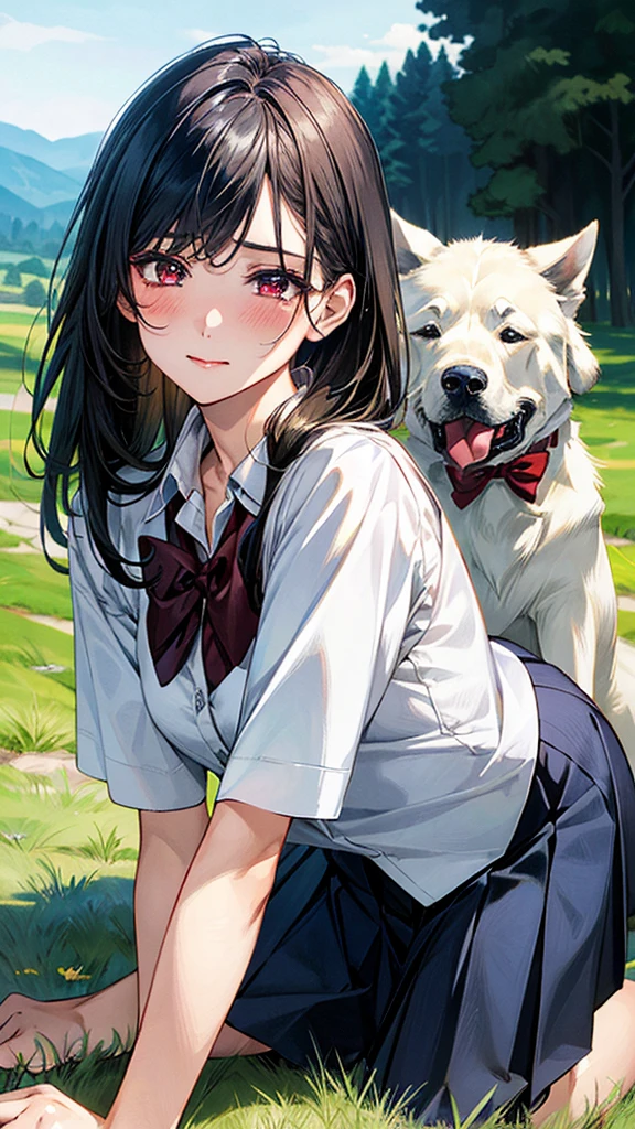 (masterpiece:1.2, top-quality), (realistic, photorealistic:1.4), beautiful illustration, (natural side lighting, movie lighting), 
looking at viewer, (extreme close-up, from side), 1 girl, japanese, high school girl, perfect face, (perfect anatomy), cute and symmetrical face, shiny skin, 
(middle hair, straight hair, black hair), asymmetrical bangs, dark red eyes, long eye lasher, (medium breasts, seductive thighs, big ass), 
beautiful hair, beautiful face, beautiful detailed eyes, beautiful clavicle, beautiful body, beautiful chest, beautiful thigh, beautiful legs, 
((insanely detailed clothes, white collared shirt, navy pleated skirt, dark red bow tie)), navy sIn a grassy meadow, a girl is on all fours, and a large dog is holding her from behind, holding her back, and mating with her in the doggy position.
Her face is bright red and flushed, her eyes are closed, her mouth is open and she cries out.chool 
(beautiful scenery), depth of field, evening, (