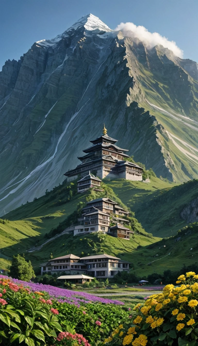 a big mountain in center，no plant and building in foreground