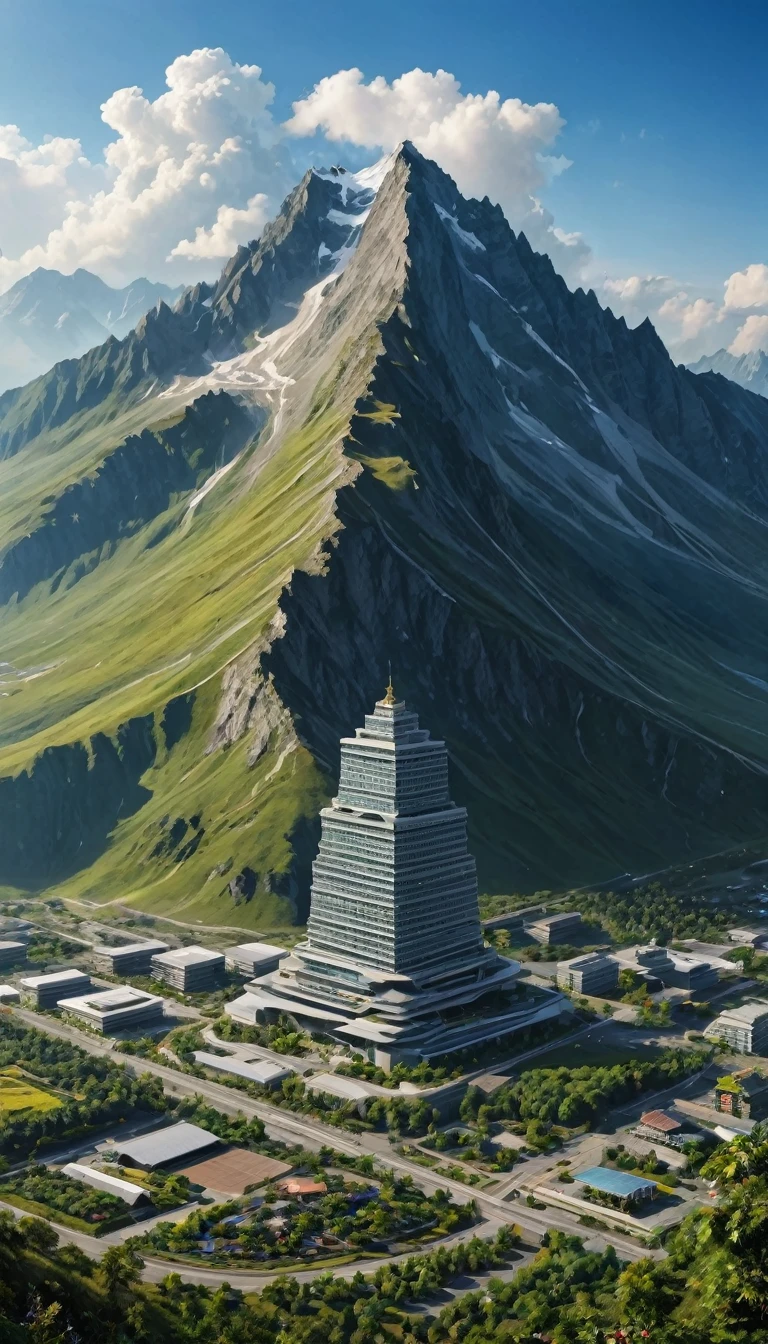 a big mountain in center，no plant and building in foreground