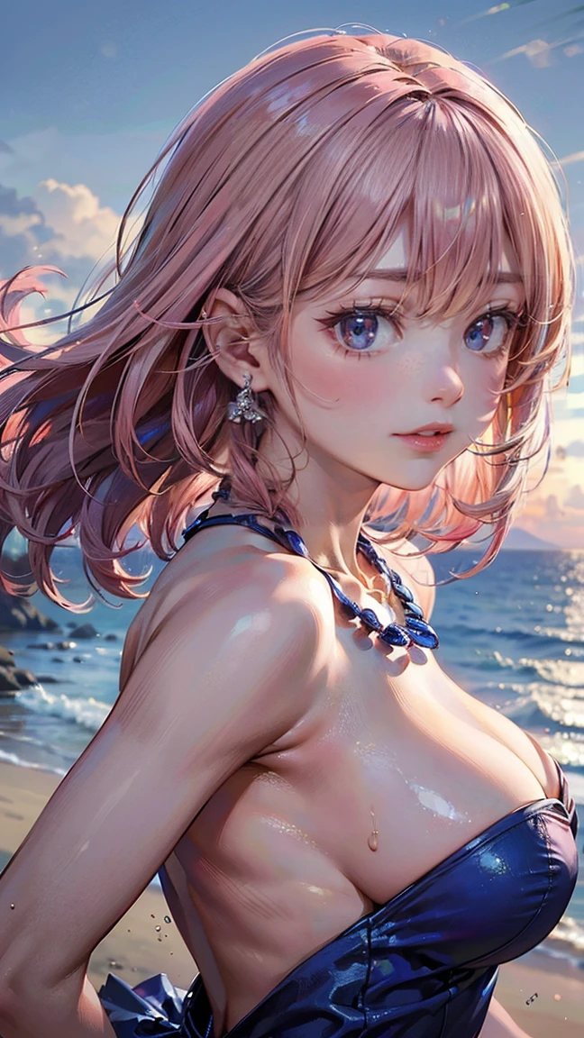 (Masterpiece, BestQuality:1.3), (ultra detailed:1.2), (hyperrealistic:1.3), (RAW photo:1.2), High detail RAW color photo, professional photograph, (Photorealistic:1.4), (realistic:1.4), (Pink Hair:1.5), professional lighting, perfect anatomy, (Big Breasts:1.2), (blush, detailed face), (cheerful Smile:1.5), Trending Hair&Trending Hairカラーをランダムに, earrings, necklace, bracelet, sexly, erotic sexly, Random sexy gravure poses, (Sexy beauty in a cobalt blue dress、Coast Background、Smiling face、Pose with hair blowing in the wind、Sexy open back:1.3)