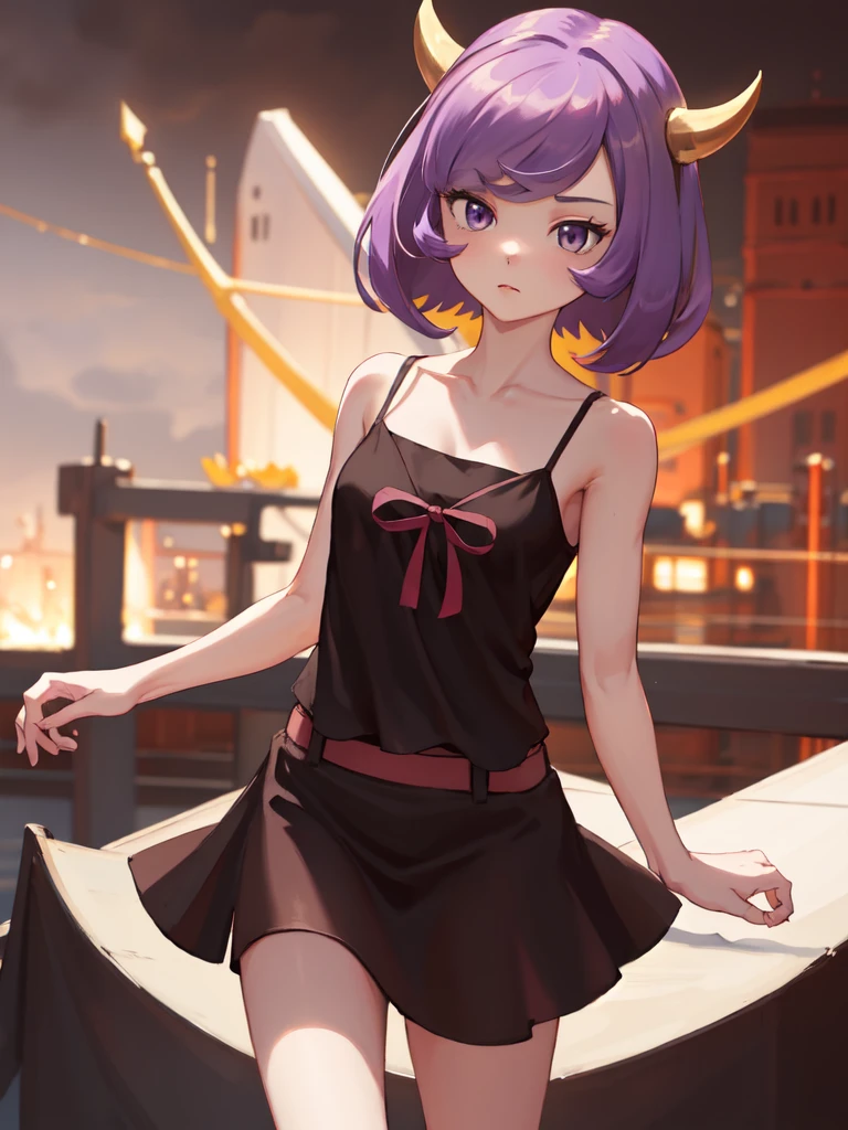 gonzarez, masterpiece, 1girl, solo ,  medium hair, purple hair, purple eyes, camisole, skirt