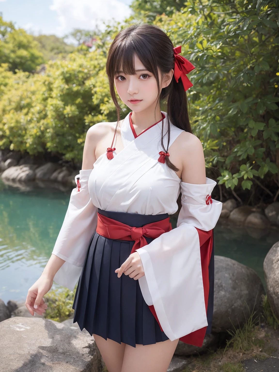 masterpiece, top quality, super detailed, CG illustration, high resolution, better lighting, best shadows, very delicate and beautiful, proper shading, hd, 8k,hakurei reimu, 1girl, solo, long hair, breasts, looking at viewer, blush, bangs, skirt, large breasts, brown hair, black hair, bow, hair between eyes, bare shoulders, closed mouth, standing, yellow eyes, ahoge, hair bow, sidelocks, outdoors, detached sleeves, japanese clothes, sky, day, pants, cloud, wide sleeves, red bow, blue sky, hair tubes, ribbon trim, hakama, hakama skirt, nontraditional miko, ribbon-trimmed sleeves, white sleeves, miko, red hakama