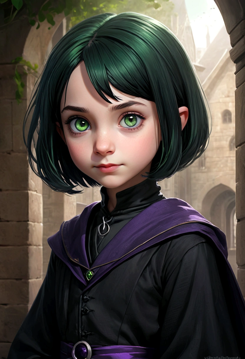 a young 9-year-old daughter of severus snape, Witch's outfit, Anime-style portrait of a teen-ager girl with a deep violet bob cut, (Dark Green eyes), bright eyes, detailed eyes, baby-faced, eye contact with the camera, subtle smile, minimalistic background to emphasize character, high contrast, clean lines, digital painting, vivid colors
