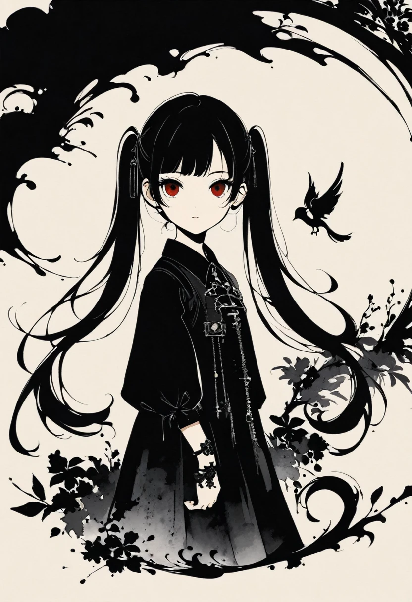 a girl with long twin pigtails, gothic aesthetic, minimalist, linear style, negative space, ink painting, abstract