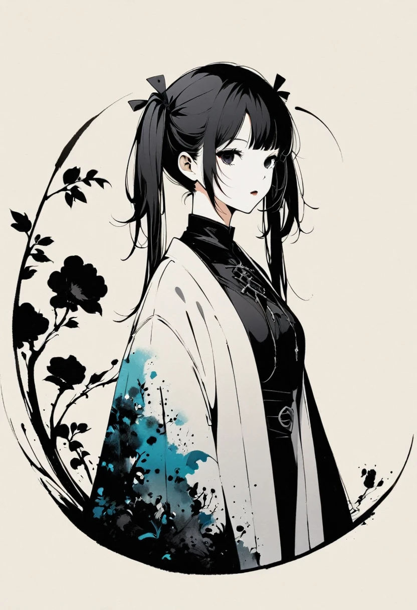a girl with long twin pigtails, gothic aesthetic, minimalist, linear style, negative space, ink painting, abstract