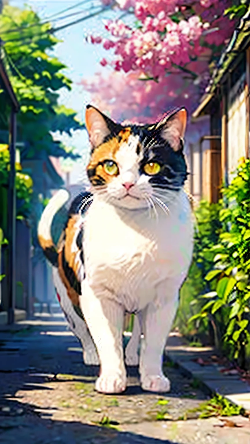 (masterpiece),(Highest quality),(Very detailed),(High resolution),((Line art)),((watercolor)),8K,wallpaper,A very detailed drawing of a calico cat、Insane Details、Very detailed猫、Blue Eyed Cat、A calico cat strolling around as if it owns the place、Calico cat walking on the promenade、Old townscape of Japan、A path lined with plants、Different world、The Creation of Silence、(((Long Shot、The subject is small:1.37)))、