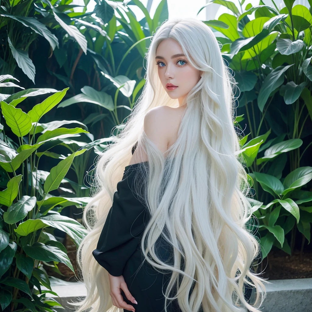 1 woman, White long curly hair,Natural and beautiful hair, clean and beautiful. White hair. Close lips. Blue natural eyes. Black clothes. Plantas. fish. Natural.