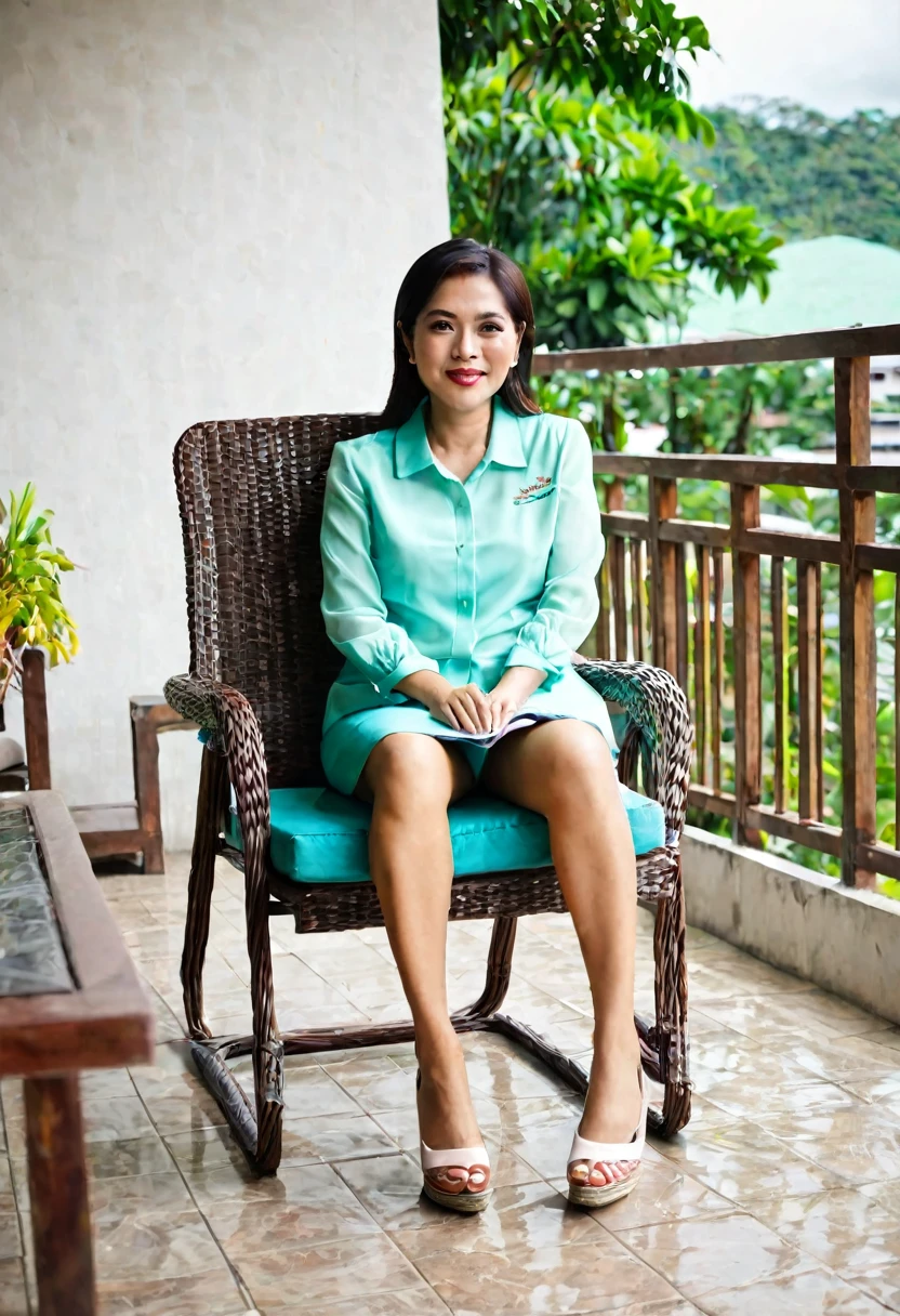 wanita asia berambut panjang, sitting on a terrace chair, facing the camera, disamping ada singa