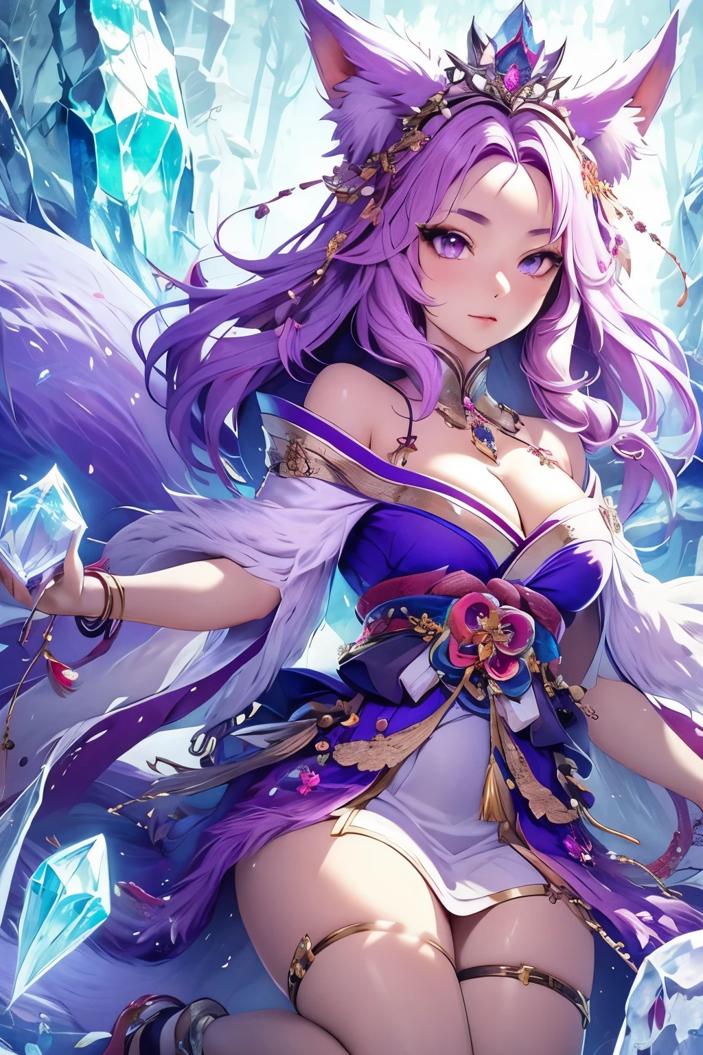 detailed eyes, detailed hands, full body image, humanoid kitsune, wearing kimono dress, diamond crown, light purple hair, light purple fox ears, crystal fox tails, crystallize foxtails, crystal forehead marking