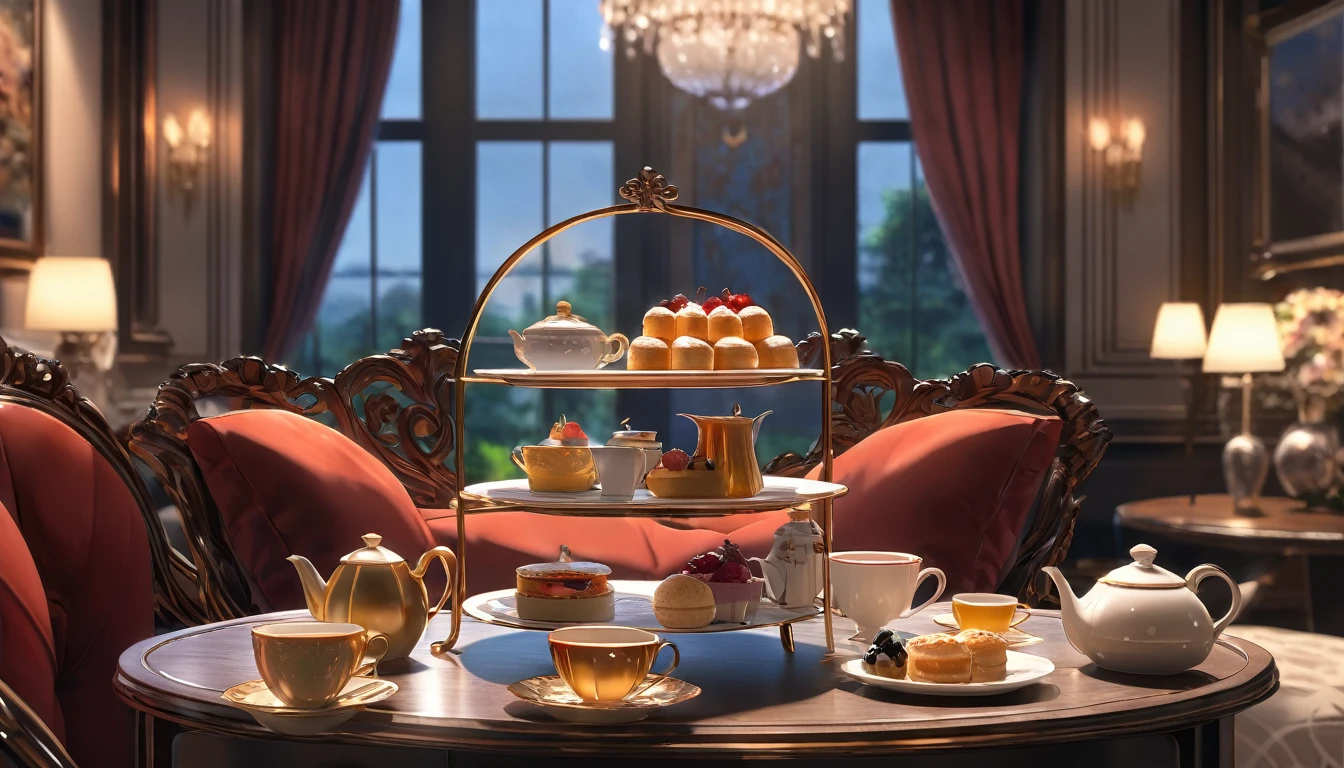 a beautiful elegant woman with red eyes, enjoying an afternoon tea in a Luxurious rooms with dark atmosphere, 1girl, anime style, intricate details, (best quality,4k,8k,highres,masterpiece:1.2),ultra-detailed,(realistic,photorealistic,photo-realistic:1.37),HDR,UHD,studio lighting,ultra-fine painting,sharp focus,physically-based rendering,extreme detail description,professional,vivid colors,bokeh,landscape,natural lighting,warm colors,soft focus
