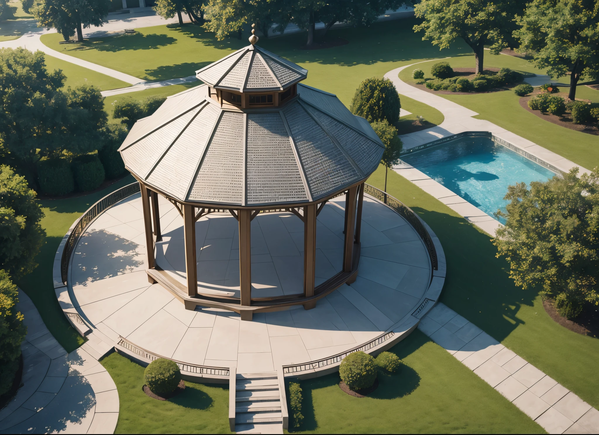 Aerial view，A modern gazebo，Open design，metallic feel，Real material，Ultra-detailed scenes，4K，real picture