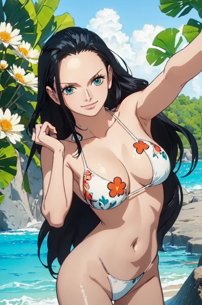 (((smile coolly
)))セクシーポーズ、best quality, masterpiece, over  the  sea,1girl (((white bikini swimsuit、flowers printed)))、(((large breasts))), Beautiful sunlight on the beach, One Piece character Nico Robin, long black hair, extremely beautiful, looking at the viewer, standing in a bikini.(top-quality, 8K, masterpiece:1.3)), A detailed eye, (looking at from the front), Look at the camera, ((Everything is sparkling、reflecting light:1.2)), (Best Ratio: 4 fingers, 1 thumb), (portrait), 1 person, Nico Robin ((one piece)), Beautiful woman with perfect body, Highly detailed facial and skin texture,wearing accessories on head, all fingers pointing at viewer,(((Beautiful white bikini)))((((bottom less,take off bikini))))