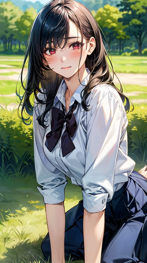 (masterpiece:1.2, top-quality), (realistic, photorealistic:1.4), beautiful illustration, (natural side lighting, movie lighting),
looking at viewer, (extreme close-up, from side), 1 girl, japanese, high school girl, perfect face, (perfect anatomy), cute and symmetrical face, shiny skin,
(middle hair, straight hair, black hair), asymmetrical bangs, dark red eyes, long eye lasher, (medium breasts, seductive thighs, big ass),
beautiful hair, beautiful face, beautiful detailed eyes, beautiful clavicle, beautiful body, beautiful chest, beautiful thigh, beautiful legs,
((insanely detailed clothes, white collared shirt, navy pleated skirt, dark red bow tie)), navy sIn a grassy meadow, a girl is on all fours, and a large dog is holding her from behind, holding her back, and mating with her in the doggy position.
Her face is bright red and flushed, her eyes are closed, her mouth is open and she cries out.chool
(beautiful scenery), depth of field, evening, (