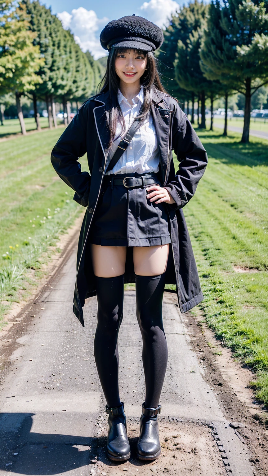 (8K、RAW Photos、Highest quality、masterpiece:1.2)、(Realistic、Realistic)、1 Girl、((Check mini skirt、Long coat、Medium Hair、black、Thin legs、whole body、boots、blackいコート、one piece、tights、garden、View from the front、smile、Looking into the camera、belt、Stand with hands on hips))、cute