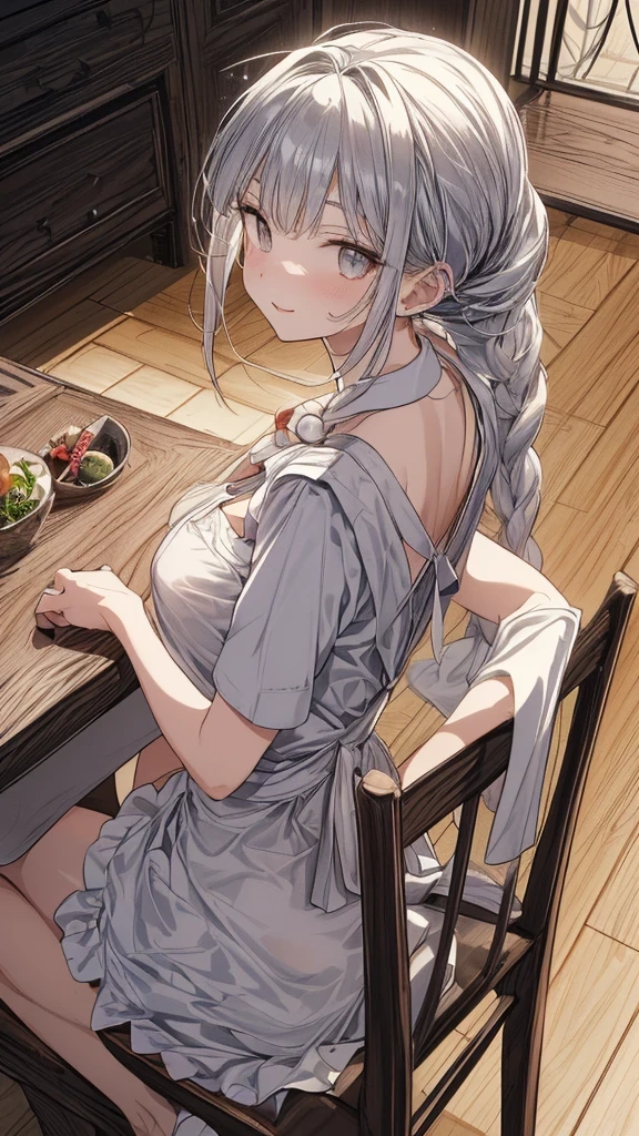 (from above:1.2),(from the side:0.9),(A masterpiece of image quality in 8K),(Beautiful Alafide woman),(((emphasizing :1.1))),(Dynamic Angle),(Dynamic and sexy beng posture:1.3),(sit on the chair:1.1),(short hair,Shiny silver and orange interior,Small, plump breasts,Dization of clothing due to exercise,Slipping breasts,(Ponytailted with delicate braids and beads,Braided fishbone hair,),(See-through bang),(perky chest:1.1), (Pointed chest:1.3), Small Breasts、(((A white lace hat shows your bare skin from under your Small Breasts)))、blush、Fascinated eyele that fascinates the audience、(Looking Back:1.7)、Look at the photographer,Sweat sparkling skin,Watching the audience,,(Professional lighting),(8K,On the table,Top quality,Ultra-high resolution output images,),(Ultra HD with intricate detail image mode),Depth of Field,Beautiful hands,Beautiful hands指,Detailed finger features,(Detailed hair features:1.7),Detailed facial features,Detailed clothing features, (perky chest:1.1), (Pointed chest:1.3), Seductive weak smile,(With sparkling eyes and an infectious smile),Small open mouth,