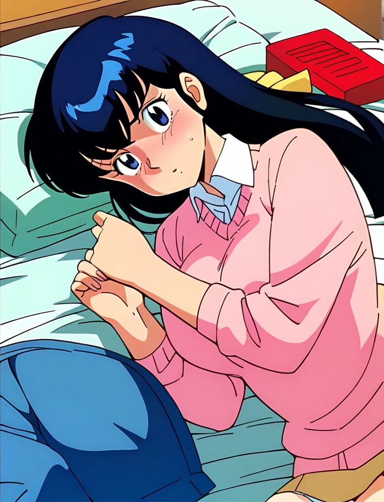 ,kyoko,score_9,score_8_upper,score_7_upper,sauce_アニメ,One girl,alone,Distract from the viewer、Hospital bed、Lying down、Pink Sweater,White collared shirt,length_skirt,blue skirt,Embarrassing、Rolled up skirt、Panties、Covered in semen、Torn clothing、Scattered Semen、