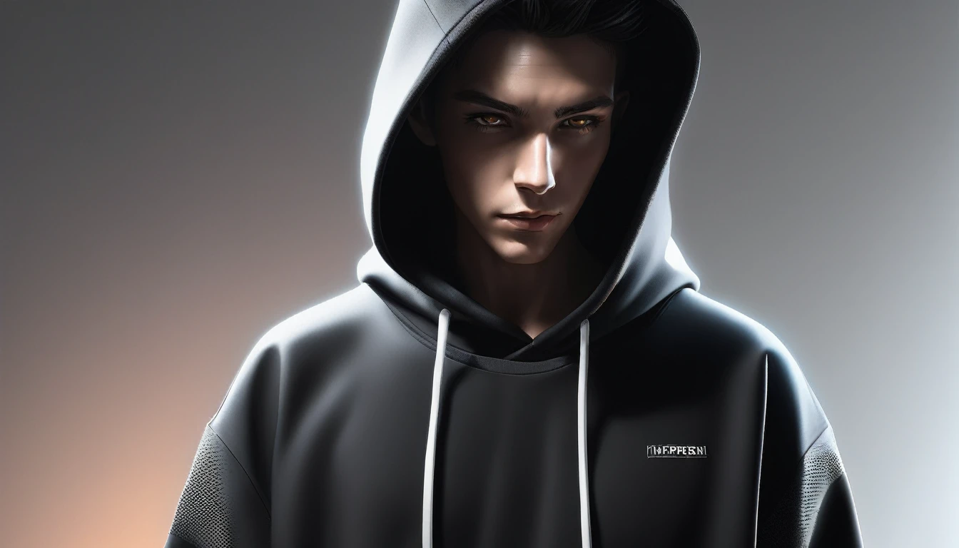 A character in dark clothing , black sweatshirt and hoodie , with a glowing effect, with solid white background, hyperrealistic, high quality, ultra detailed