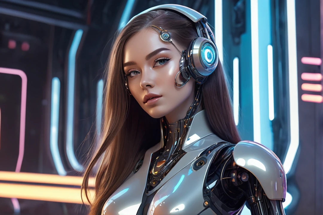 "A futuristic female cyborg with a beautiful, friendly face, designed for a lo-fi music YouTube channel background. She has a Russian-like appearance with long hair, large eyes, a high nose, and a wide mouth. Her body seamlessly integrates mechanical and organic elements, with sleek metal parts, glowing accents, and visible circuitry. Her proportions are perfect, highlighting her advanced design. She is engaging in various gestures, exuding warmth and relatability. The background is a futuristic setting that complements her advanced technology. The overall atmosphere is calm and inviting, ideal for a lo-fi music channel."

