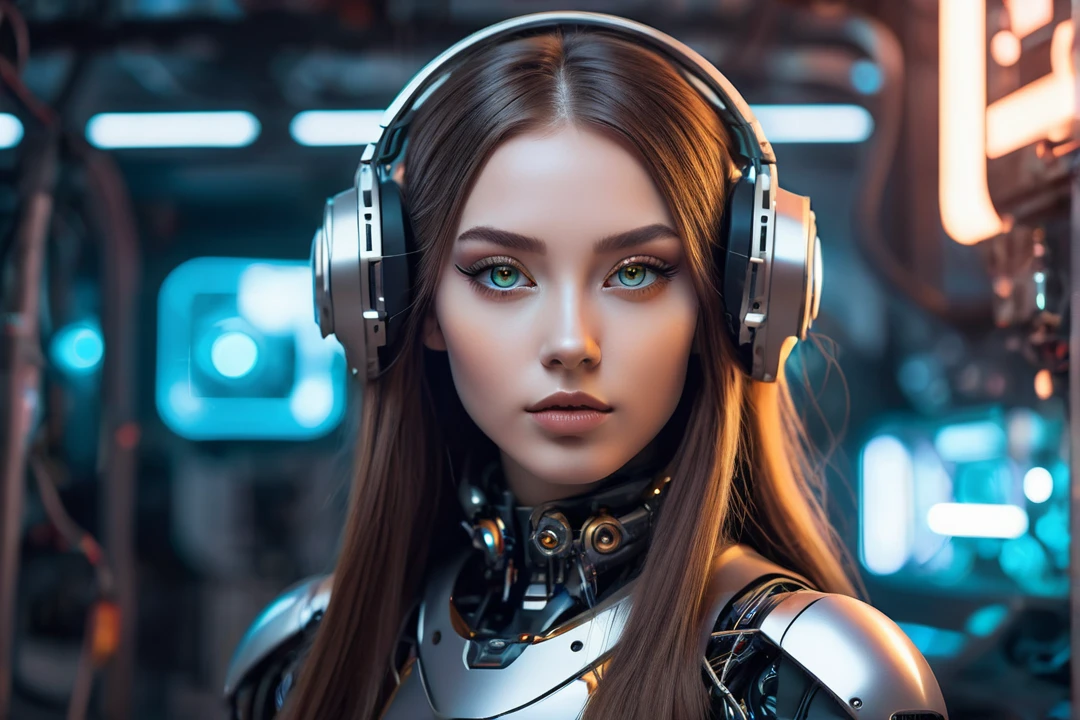 "A futuristic female cyborg with a beautiful, friendly face, designed for a lo-fi music YouTube channel background. She has a Russian-like appearance with long hair, large eyes, a high nose, and a wide mouth. Her body seamlessly integrates mechanical and organic elements, with sleek metal parts, glowing accents, and visible circuitry. Her proportions are perfect, highlighting her advanced design. She is engaging in various gestures, exuding warmth and relatability. The background is a futuristic setting that complements her advanced technology. The overall atmosphere is calm and inviting, ideal for a lo-fi music channel."

