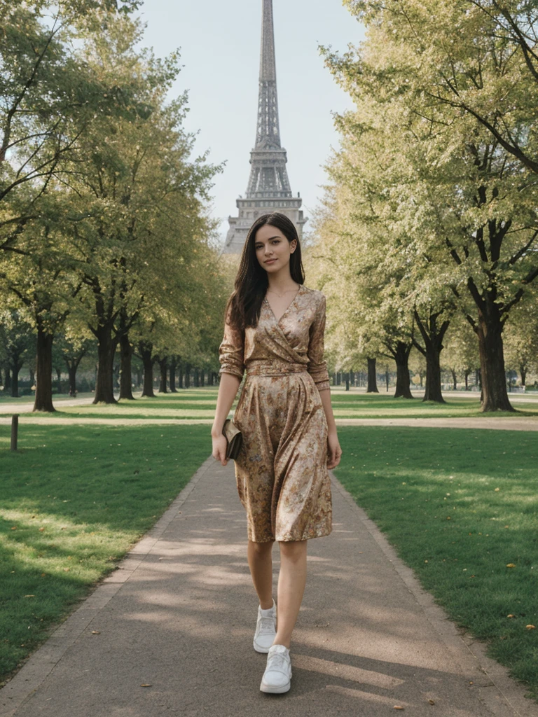 her name is Amelie, high quality, 1girl, ((20-year-old fit Caucasian woman)), ((20 years old)), ((fit)), ((Half-Up Bun dark hair)), pose: standing, wearing stylish fashionable Generation-Z modern wear colored, BACKGROUND"In the Tiergarten, a sprawling park in the heart of the city, with green lawns, walking paths, and historic monuments."