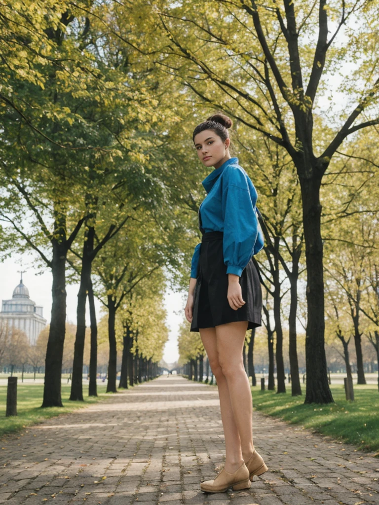 her name is Amelie, high quality, 1girl, ((20-year-old fit Caucasian woman)), ((20 years old)), ((fit)), ((Half-Up Bun dark hair)), pose: standing, wearing stylish fashionable Generation-Z modern wear colored, BACKGROUND"In the Tiergarten, a sprawling park in the heart of the city, with green lawns, walking paths, and historic monuments."