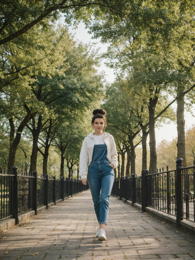 her name is Amelie, high quality, 1girl, ((20-year-old fit Caucasian woman)), ((20 years old)), ((fit)), ((Half-Up Bun dark hair)), pose: standing, wearing stylish fashionable Generation-Z modern wear colored, BACKGROUND"In the Tiergarten, a sprawling park in the heart of the city, with green lawns, walking paths, and historic monuments."