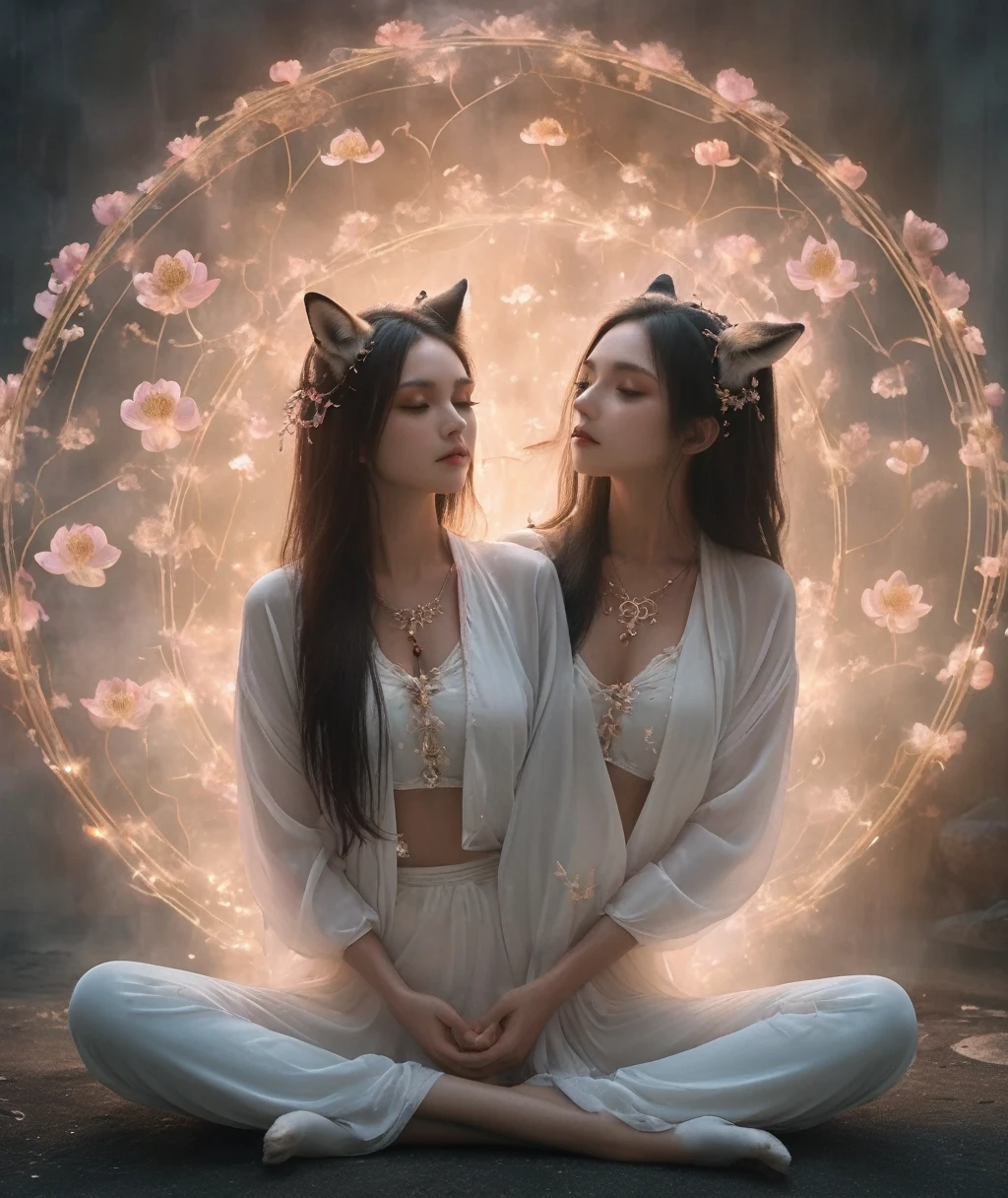 Lotus pose girl full body photography，Anatomically correct,Raw, Filming, (Be focused:1.5), (Reality:1.4), Dusk lighting, Volumetric Lighting, Ultra-high resolution, 16K,Dramatic Lighting, White background：1.5）（tangled，Mandala，dispute，Entanglement：0.7）Fox Demon，Fox Mask，short jacket, Foxfire Curse, fox family, Transformation, Depth of Field, Dreamy atmosphere, The most beautiful chaos, grace, Brutalist Design Dark Theme, Flower of Death, Flowers of ecstasy，Glowing Line,Glow Example，Tracking Example，flash， Backlight，translucent，Light Particles,HILL，exit