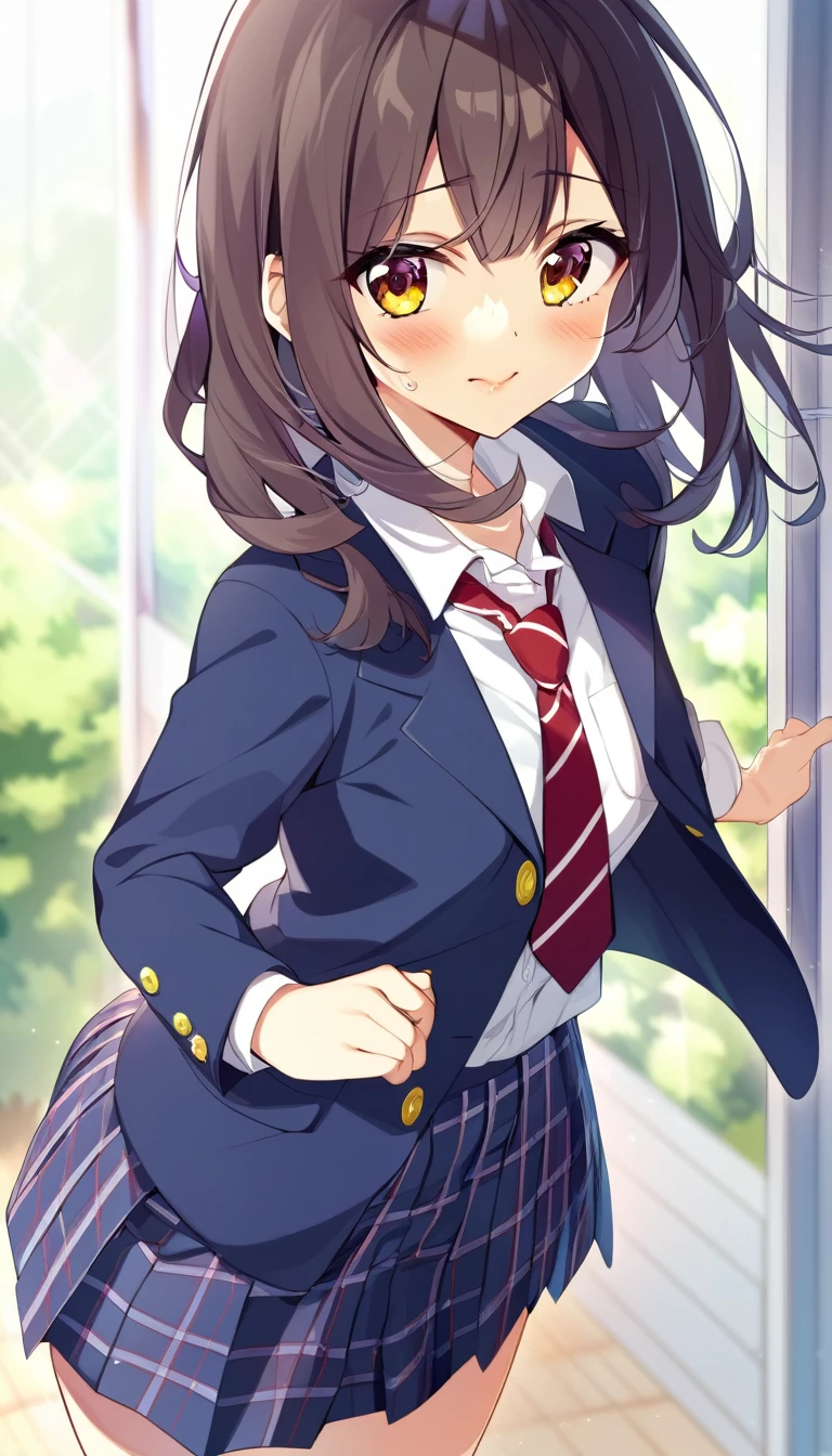 one girl, school blazer, plaid skirt, my best friend, cheerful girl, cute, blush