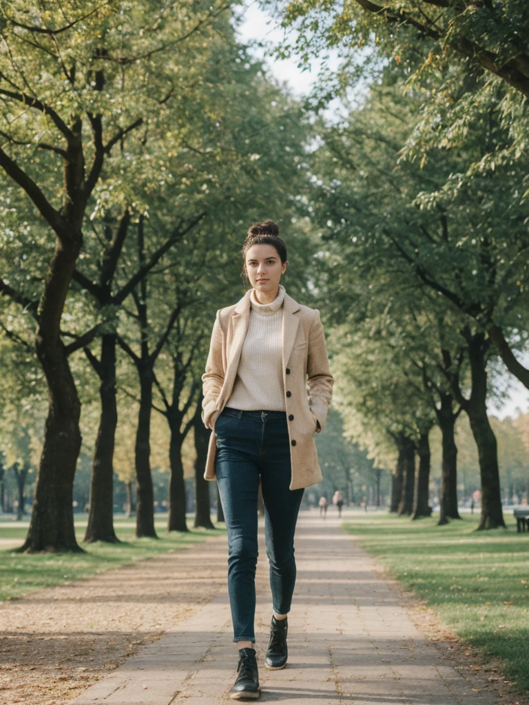 her name is Amelie, high quality, 1girl, ((20-year-old fit Caucasian woman)), ((20 years old)), ((fit)), ((Half-Up Bun dark hair)), pose: standing, wearing stylish fashionable Generation-Z modern wear colored, BACKGROUND"In the Tiergarten, a sprawling park in the heart of the city, with green lawns, walking paths, and historic monuments."