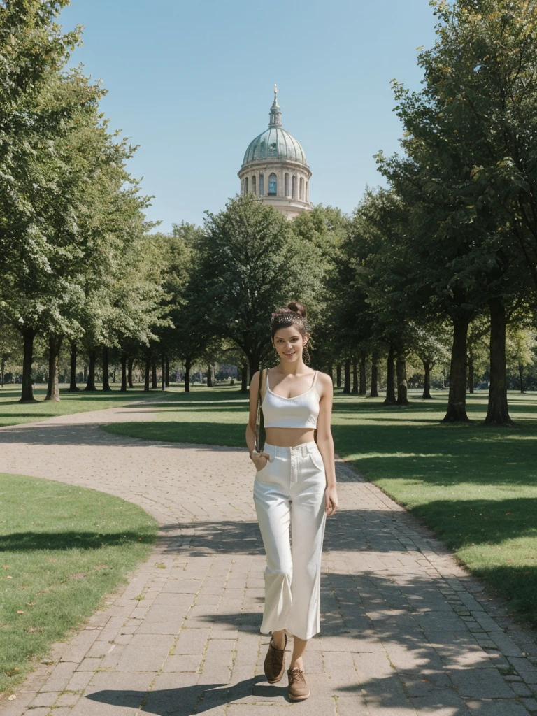 her name is Amelie, high quality, 1girl, ((20-year-old fit Caucasian woman)), ((20 years old)), ((fit)), ((Half-Up Bun dark hair)), pose: standing, wearing stylish fashionable Generation-Z modern wear colored, BACKGROUND"In the Tiergarten, a sprawling park in the heart of the city, with green lawns, walking paths, and historic monuments."