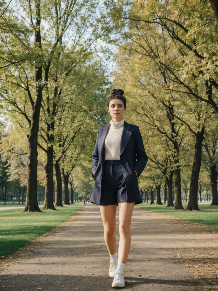 her name is Amelie, high quality, 1girl, ((20-year-old fit Caucasian woman)), ((20 years old)), ((fit)), ((Half-Up Bun dark hair)), pose: standing, wearing stylish fashionable Generation-Z modern wear colored, BACKGROUND"In the Tiergarten, a sprawling park in the heart of the city, with green lawns, walking paths, and historic monuments."