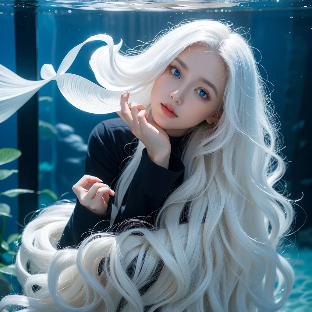 1 woman, White long curly hair,Natural and beautiful hair, clean and beautiful. White hair. Close lips. Blue natural eyes. Black clothes.. fish. Natural. Aquarium.