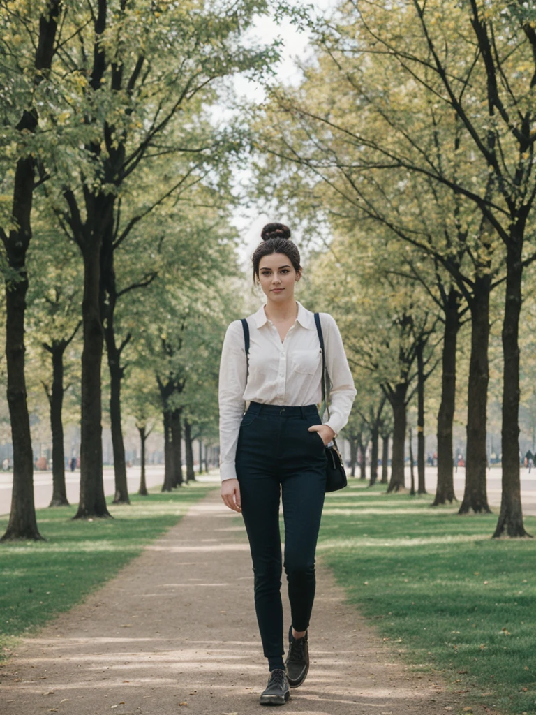 her name is Amelie, high quality, 1girl, ((20-year-old fit Caucasian woman)), ((20 years old)), ((fit)), ((Half-Up Bun dark hair)), pose: standing, wearing stylish fashionable Generation-Z modern wear colored, BACKGROUND"In the Tiergarten, a sprawling park in the heart of the city, with green lawns, walking paths, and historic monuments."