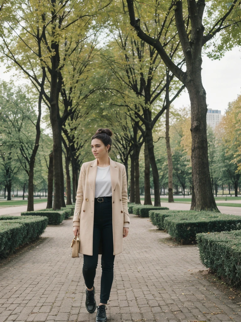her name is Amelie, high quality, 1girl, ((20-year-old fit Caucasian woman)), ((20 years old)), ((fit)), ((Half-Up Bun dark hair)), pose: standing, wearing stylish fashionable Generation-Z modern wear colored, BACKGROUND"In the Tiergarten, a sprawling park in the heart of the city, with green lawns, walking paths, and historic monuments."