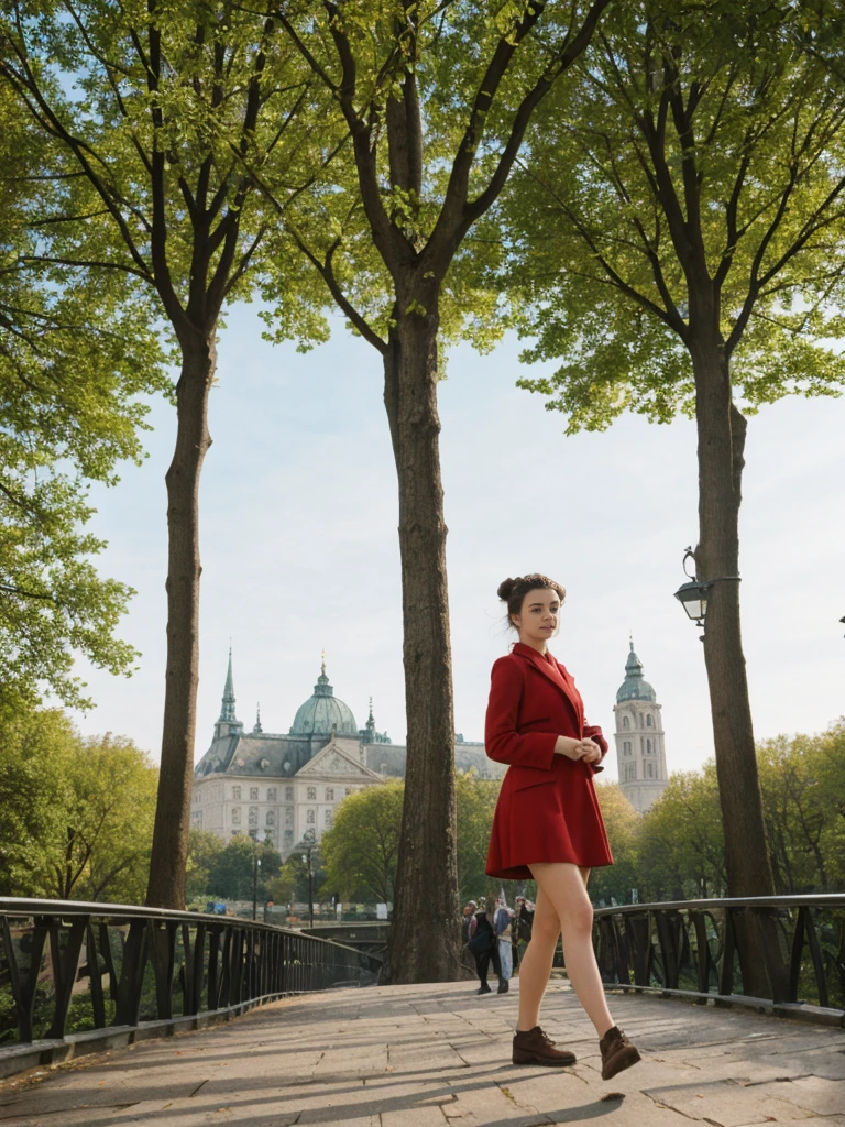 her name is Amelie, high quality, 1girl, ((20-year-old fit Caucasian woman)), ((20 years old)), ((fit)), ((Half-Up Bun dark hair)), pose: standing, wearing stylish fashionable Generation-Z modern wear colored, BACKGROUND"In the Tiergarten, a sprawling park in the heart of the city, with green lawns, walking paths, and historic monuments."