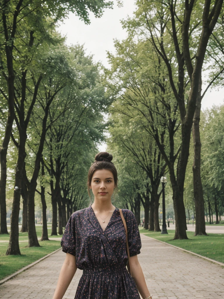 her name is Amelie, high quality, 1girl, ((20-year-old fit Caucasian woman)), ((20 years old)), ((fit)), ((Half-Up Bun dark hair)), pose: standing, wearing stylish fashionable Generation-Z modern wear colored, BACKGROUND"In the Tiergarten, a sprawling park in the heart of the city, with green lawns, walking paths, and historic monuments."