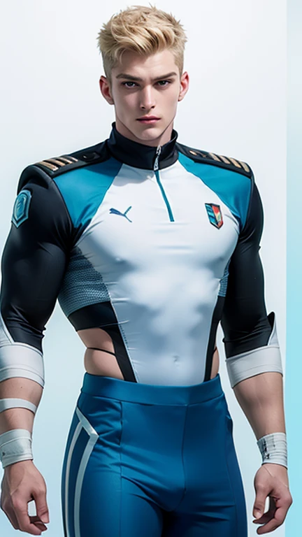photorealistic image of a muscular, handsome blond man from the future in a transparent, tight-fitting turquoise and white space captain uniform, including decorative bandage, dynamic pose