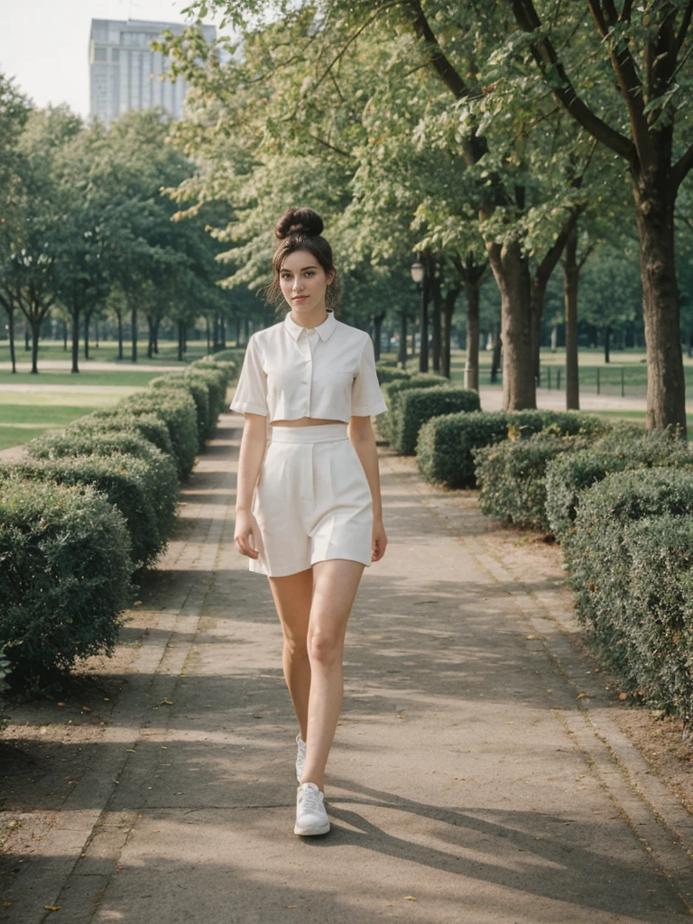 her name is Amelie, high quality, 1girl, ((20-year-old fit Caucasian woman)), ((20 years old)), ((fit)), ((Half-Up Bun dark hair)), pose: standing, wearing stylish fashionable Generation-Z modern wear colored, BACKGROUND"In the Tiergarten, a sprawling park in the heart of the city, with green lawns, walking paths, and historic monuments."