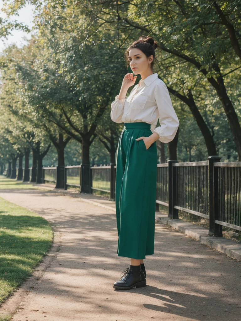 her name is Amelie, high quality, 1girl, ((20-year-old fit Caucasian woman)), ((20 years old)), ((fit)), ((Half-Up Bun dark hair)), pose: standing, wearing stylish fashionable Generation-Z modern wear colored, BACKGROUND"In the Tiergarten, a sprawling park in the heart of the city, with green lawns, walking paths, and historic monuments."