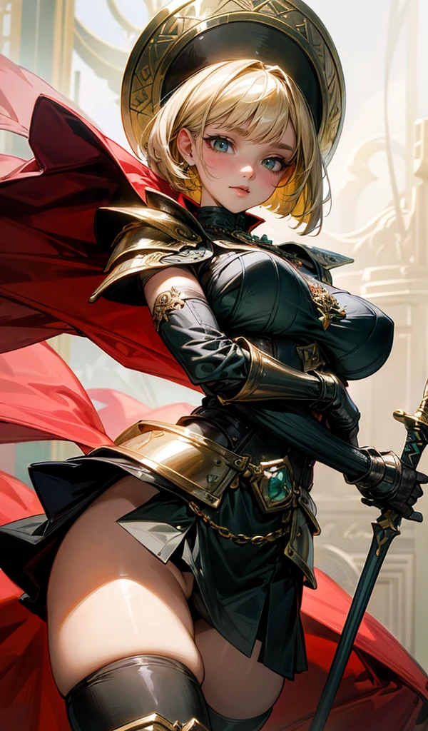 Please follow the all prompts below exactly and faithfully, This is a breathtaking masterpiece of digital illustration, with maximum resolution, UHD, 512K, 2160p, 10 million ppi, 300 million dpi, natural color tones, ultra sharp details, perfect outlines with contrast, ((smooth, soft and clearly and most realistic skin and hair texture)), most beautiful detailed eye features, perfect anatomically correct human body, beautiful background with depth, rule of thirds, depth of field, Maximize all element is used to its full potential to create the best digital illustrations, 1woman, sexy, 25years old, beautiful face sharp, elegant woman, Ultimate perfect body style, beautiful beautiful big breasts, Maximize upturned breasts, green eyes, shiny blonde hair, short hair, bob cut, (eyes visible through hair:1.3), glossy very thick lips, pink lipstick, smile:1.5, Fantasy world warrior with detailed armor, wielding a sword, vibrant colors, dynamic pose, and a skirt. The armor features golden accents, emerald inlays, shoulder pauldrons, chest plate with dragon motif, elbow guards, knee guards, shin guards, leather straps, metal buckles, chainmail underlayer, gauntlets with runes, plumed helmet, decorative belt, flowing cape, thigh-high boots, ornate scabbard, gem-encrusted hilt, floral patterns, and silk lining.