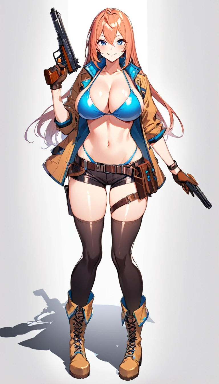 girl,big breasts,Bikini Tops,hot pants,gloves,smile,boots,Knee-high socks,full body Shot,hand pistol,