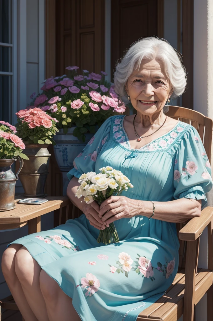 Elderly woman, smiling widely sitting in a chair on the balcony with flowers on the background of the sea, Mikhail Lebedev, beautiful digital work, relaxing concept art, grandmother sitting with flowers, Radiy Nedelchev, Alexander Kucharsky, old woman, Igor Kufaev, beautiful work, Mari Bashkirtseva, 3 d cartoon, beautiful illustration