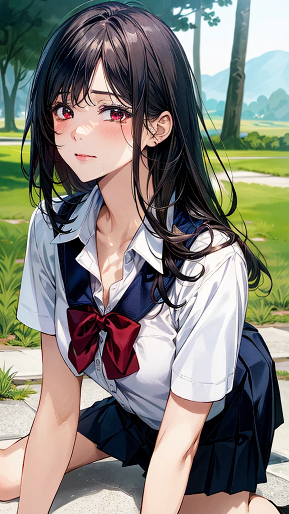(masterpiece:1.2, top-quality), (realistic, photorealistic:1.4), beautiful illustration, (natural side lighting, movie lighting),
looking at viewer, (extreme close-up, from side), 1 girl, japanese, high school girl, perfect face, (perfect anatomy), cute and symmetrical face, shiny skin,
(middle hair, straight hair, black hair), asymmetrical bangs, dark red eyes, long eye lasher, (medium breasts, seductive thighs, big ass),
beautiful hair, beautiful face, beautiful detailed eyes, beautiful clavicle, beautiful body, beautiful chest, beautiful thigh, beautiful legs,
((insanely detailed clothes, white collared shirt, navy pleated skirt, dark red bow tie)), navy sIn a grassy meadow, a girl is on all fours, and a large dog is holding her from behind, holding her back, and mating with her in the doggy position.
Her face is bright red and flushed, her eyes are closed, her mouth is open and she cries out.chool
(beautiful scenery), depth of field, evening, (