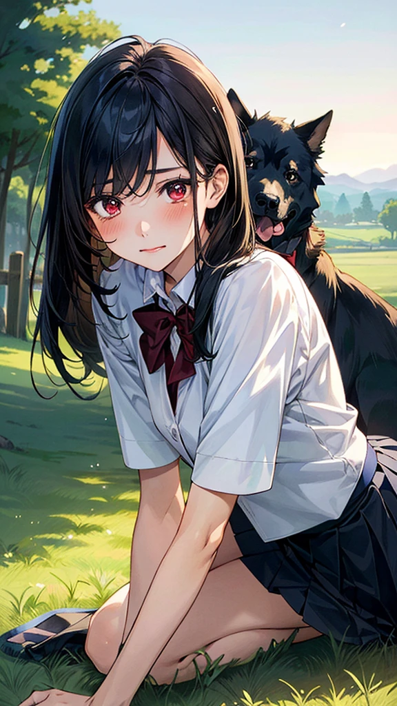 (masterpiece:1.2, top-quality), (realistic, photorealistic:1.4), beautiful illustration, (natural side lighting, movie lighting),
looking at viewer, (extreme close-up, from side), 1 girl, japanese, high school girl, perfect face, (perfect anatomy), cute and symmetrical face, shiny skin,
(middle hair, straight hair, black hair), asymmetrical bangs, dark red eyes, long eye lasher, (medium breasts, seductive thighs, big ass),
beautiful hair, beautiful face, beautiful detailed eyes, beautiful clavicle, beautiful body, beautiful chest, beautiful thigh, beautiful legs,
((insanely detailed clothes, white collared shirt, navy pleated skirt, dark red bow tie)), navy sIn a grassy meadow, a girl is on all fours, and a large dog is holding her from behind, holding her back, and mating with her in the doggy position.
Her face is bright red and flushed, her eyes are closed, her mouth is open and she cries out.chool
(beautiful scenery), depth of field, evening, (