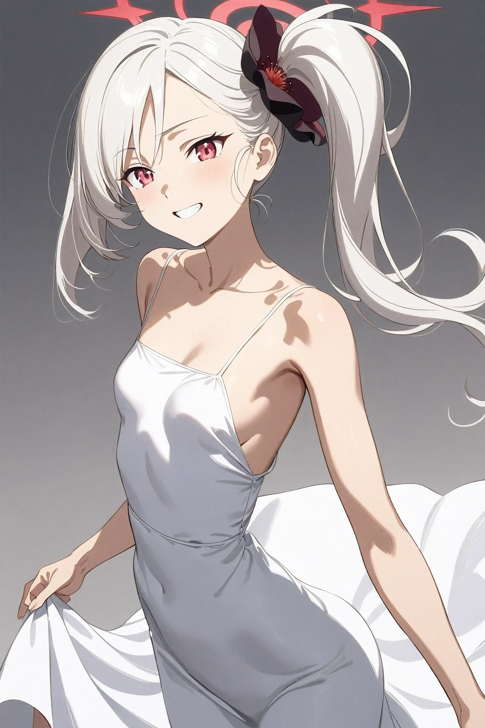 best quality, amazing quality, very aesthetic, absurdres, (1girl, mutsuki, blue archive, solo, red eyes, white hair, side ponytail), (realistic face:0.7),(long dress:2), (grin, lowleg bikini), nsfw, (cowboy shot), (glowing eyes:1.1), (half closed eyes:0.9), (panties), expressive eyes, perfect face, 4k, extremely detailed anime illustration, extremely detailed eyes, perfect anatomy, light rays, extremely delicate body, smooth skin, (gray background:1.5), clear eyes, beautiful face, small breasts,(anime style:1.5), (Chiaroscuro:1.5), (highres:2), cinematic